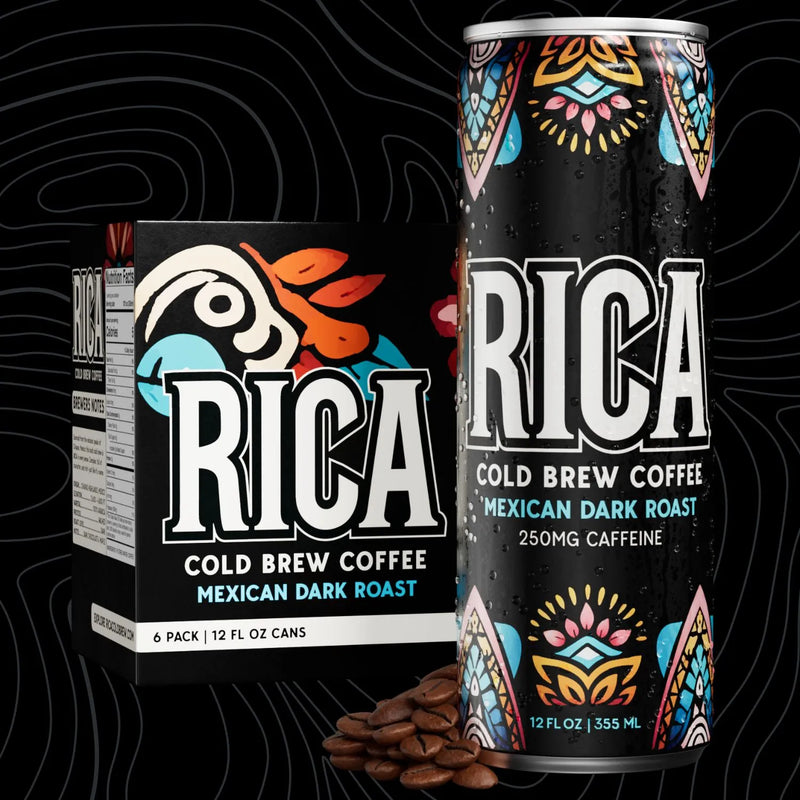 RICA Cold Brew Coffee can and packaging on a black background