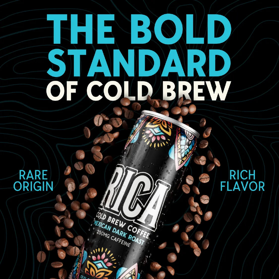a can of RICA cold brew with the words bold standard of cold brew, rare origin, rich flavor