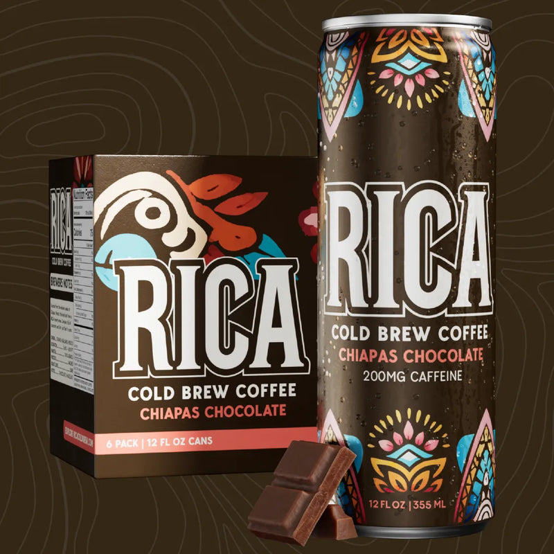 a can of RICA Chiapas Chocolate cold brew coffee in 6 pack packaging